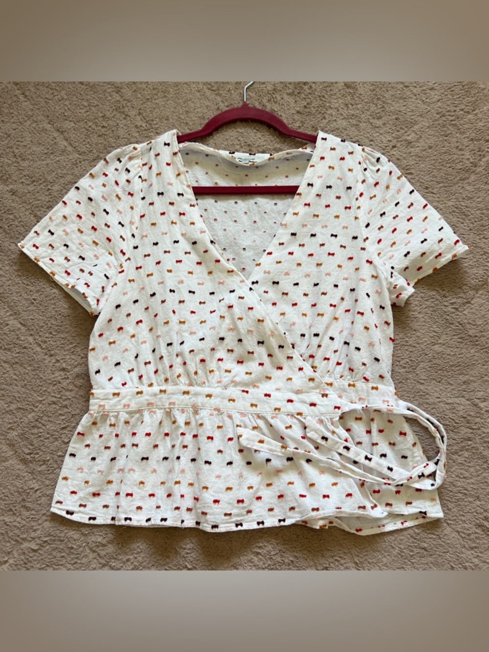 Madewell Ruffle Hem Wrap Clip Dot Top Cottage Preppy Minimalist Peasant Sz S